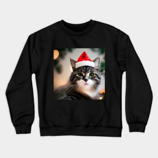 Cat with Christmas Hat Crewneck Sweatshirt